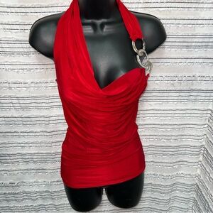 GUESS Jeans Marciano Red Halter Top Rhinestone Ring Draped Y2K Club Top XS rave